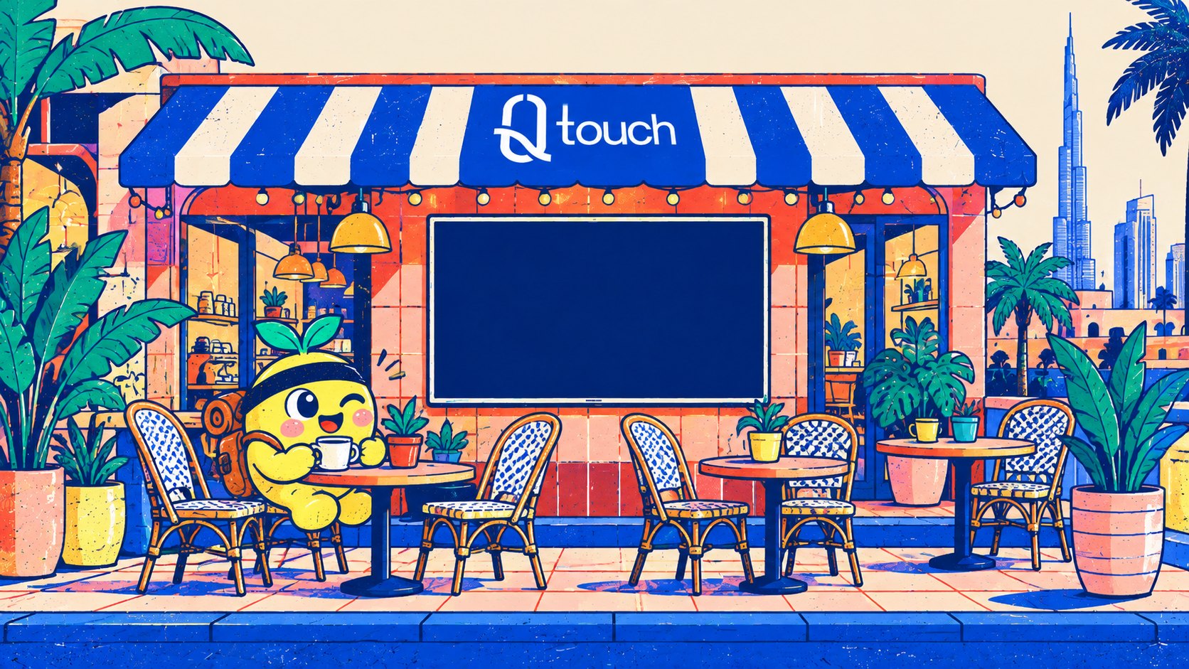 La terrasse d'un café à Dubaï avec un grand écran, QOYU prend un café