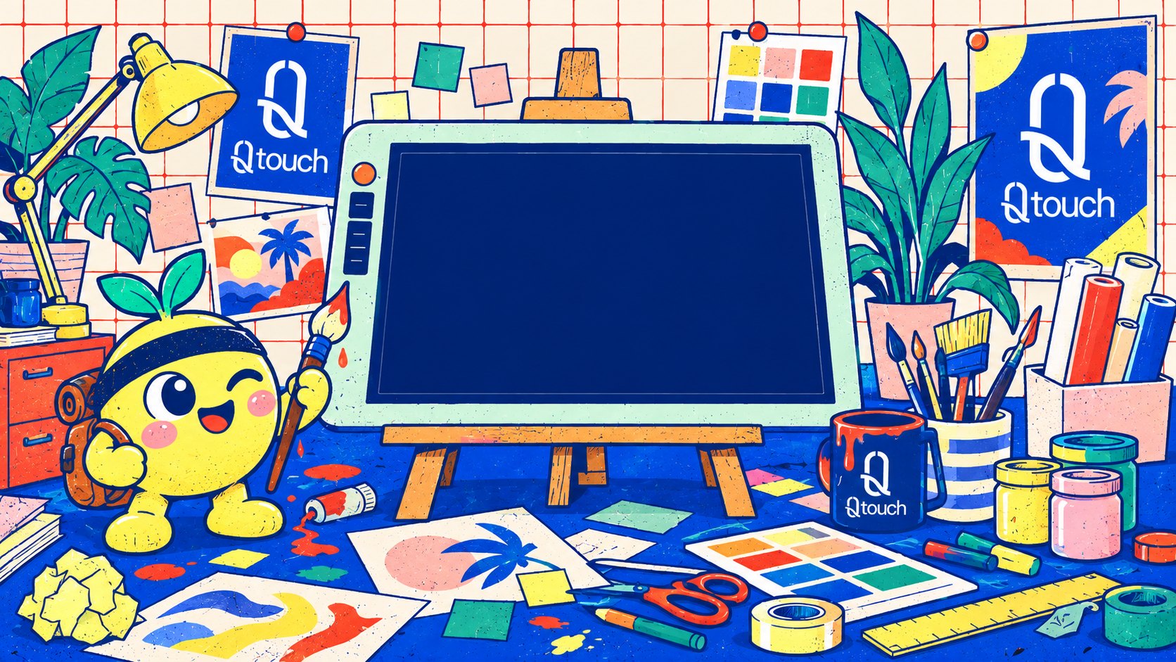 L'atelier QTouch : une tablette de création sur un chevalet, QOYU tient un pinceau