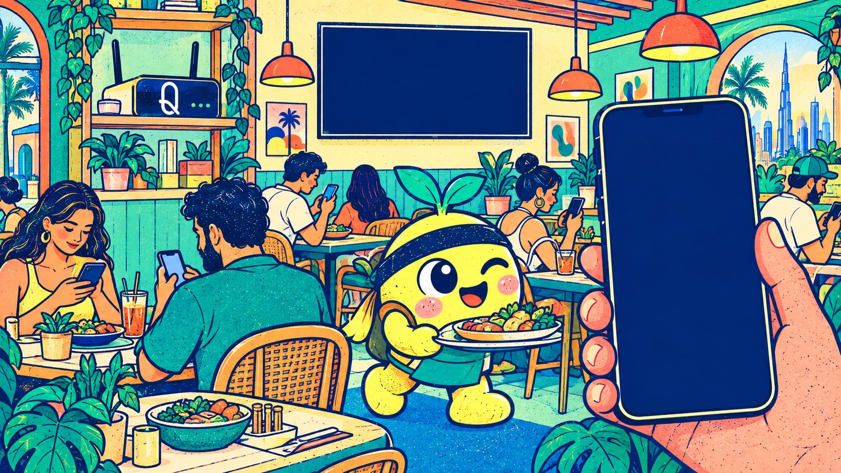 Un restaurant avec un boîtier Wi-Fi QTouch, un client tient son téléphone